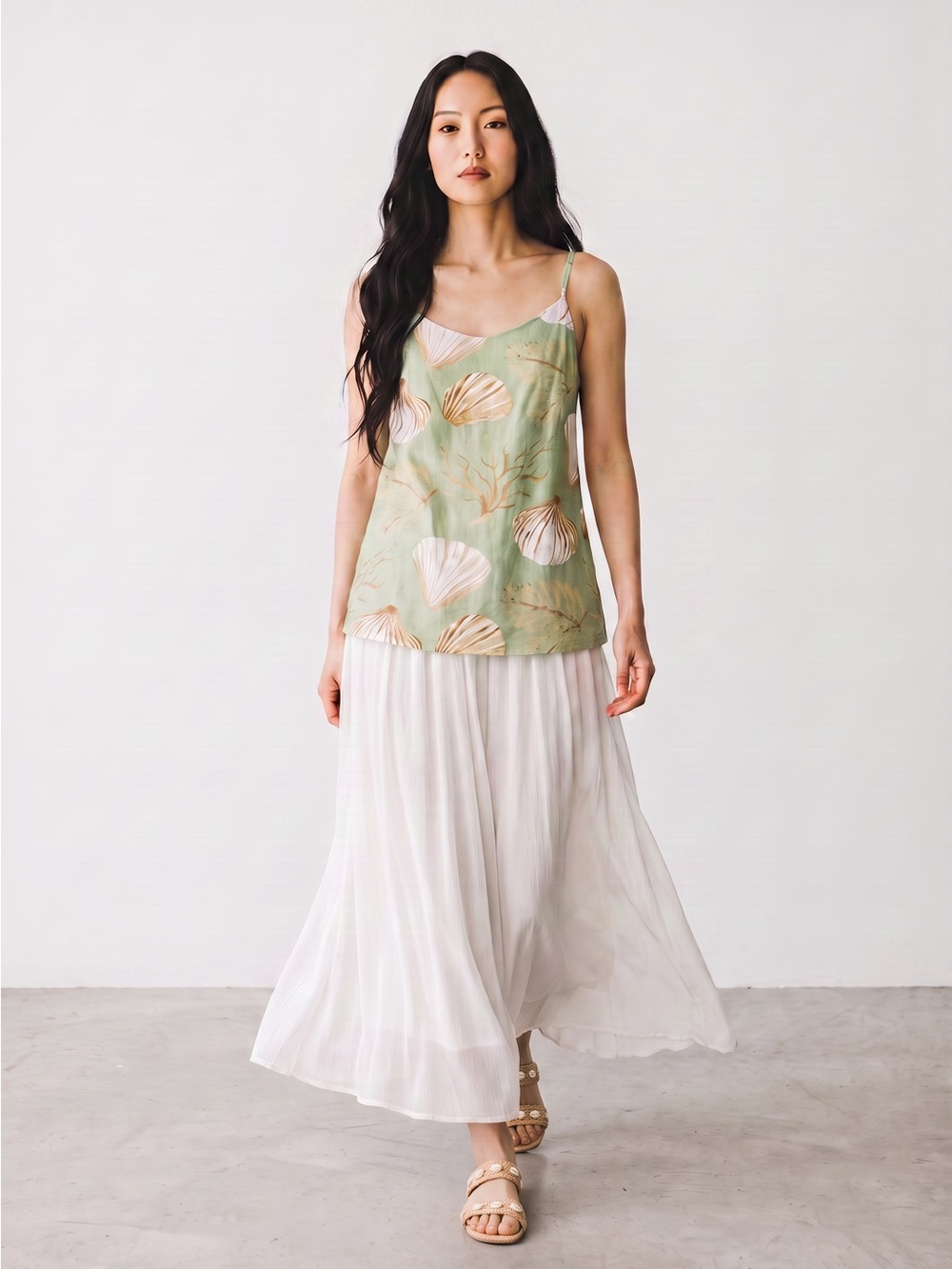 Moon River Seashell Print Maxi Dress Green Ivory Size S NWOT